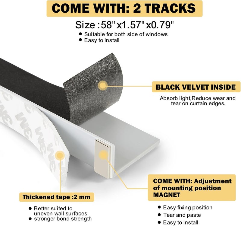 Miideayin Blackout PVC Light Blocking Strips for Window Shades and Blinds - Blocks Light Along The Sides of Blackout Blinds,Side Tracks for Blackout Shades, Light Blocking Strips for Bedroom (Grey, 58",2Pcs) - Image 3